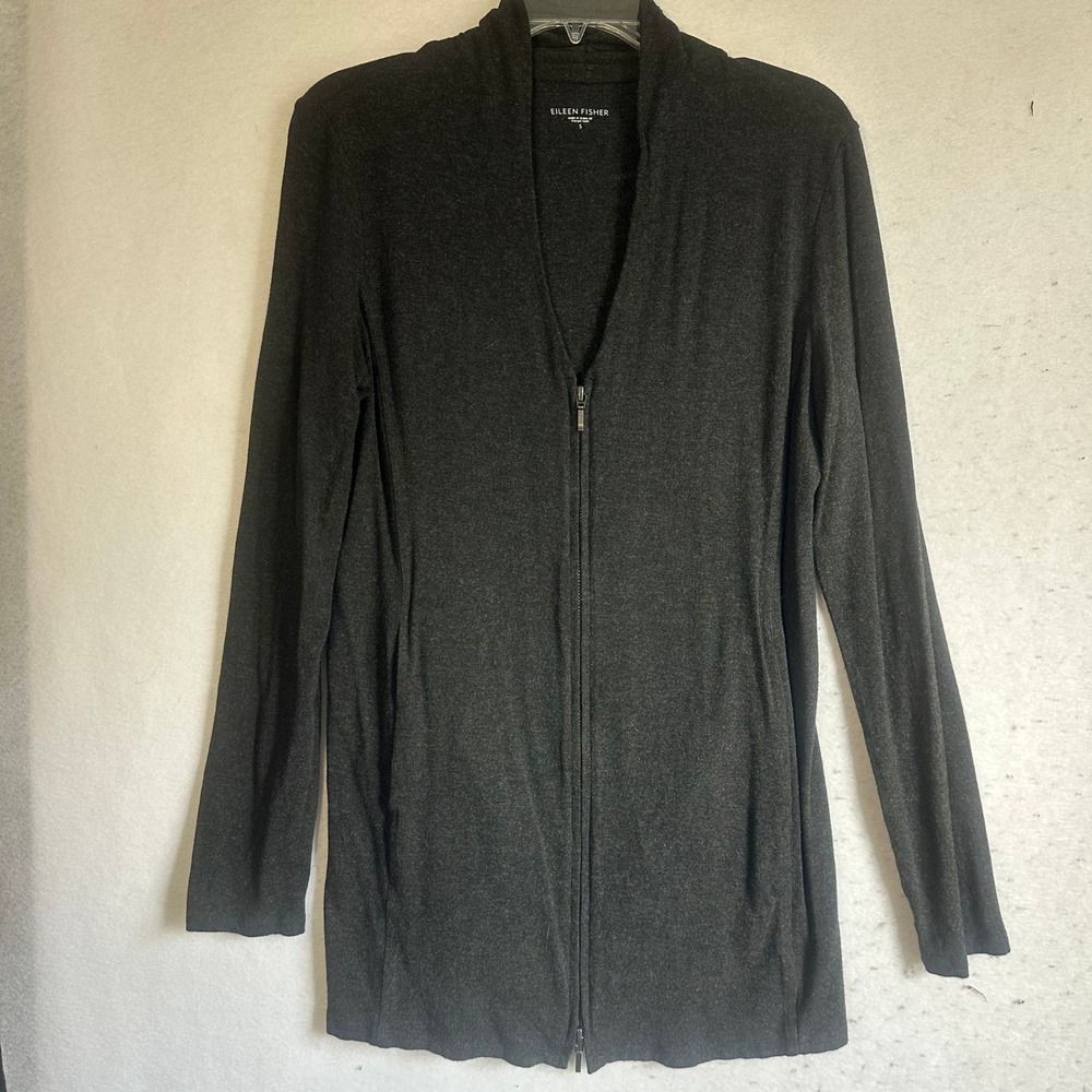 Eileen Fisher Gray Full Zip Cardigan Sweater Italian Yarn Shawl Collar Small